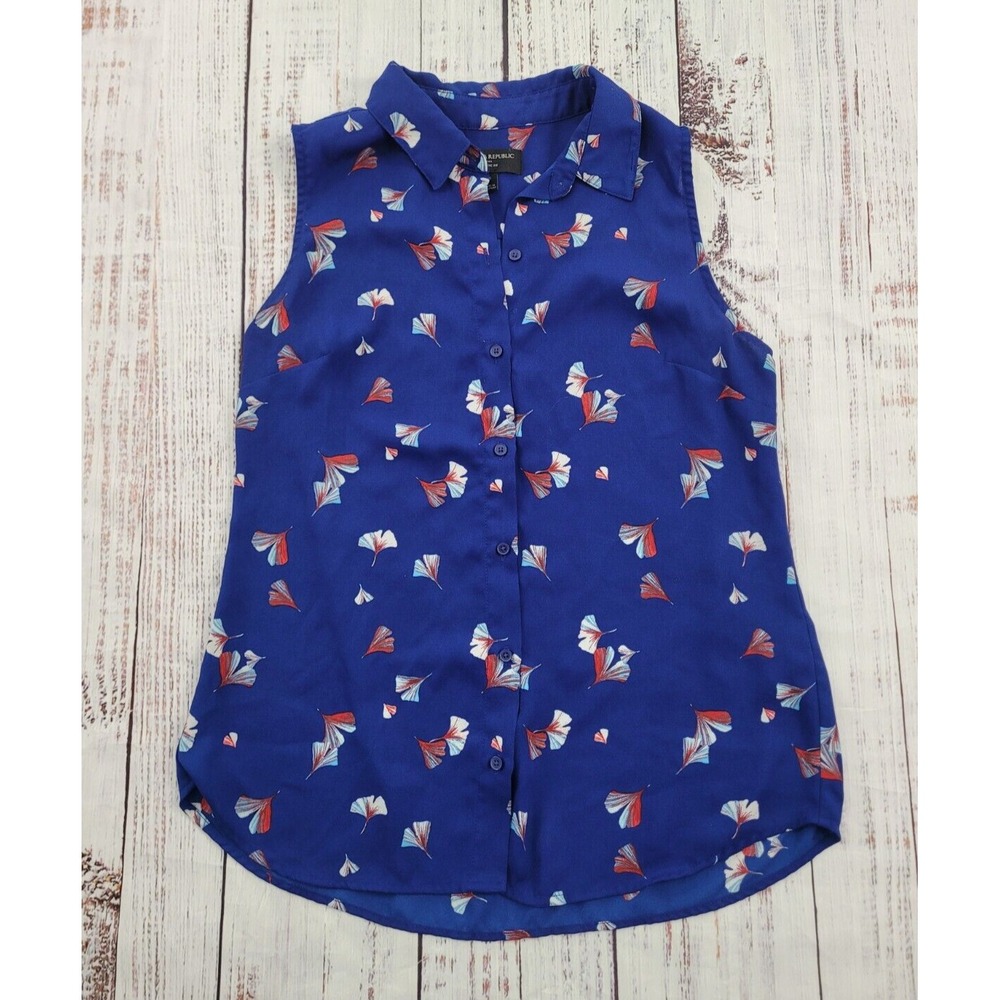 Banana Republic Royal Blue Petal Print Sleeveless Classic Fit Blouse Small